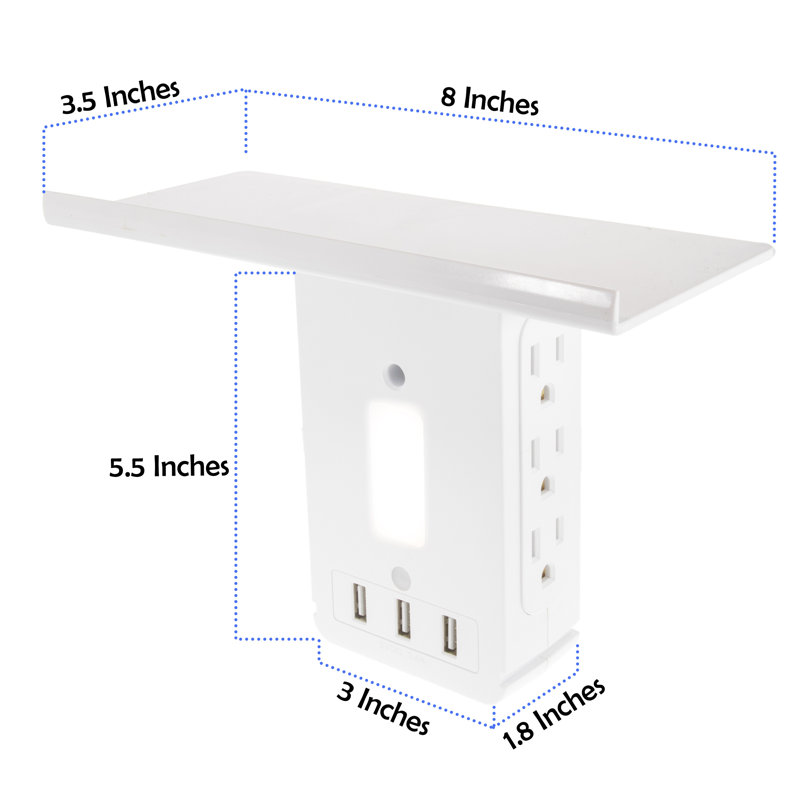 Tablette de prise de courant murale - veilleuse à DEL, 6 prises à 3 broches + 3 USB à chargement rapide - support de socle de prise de courant électrique - peu encombrant + protecteur de surtension