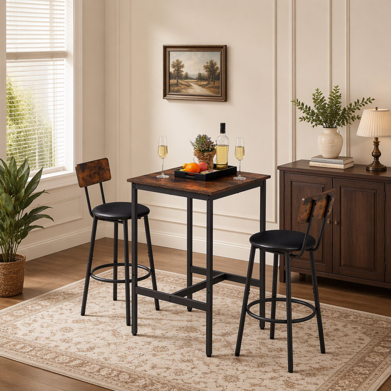 Ensemble de table de bar avec 2 tabourets de bar en polyuréthane avec dossier, brun rustique, l 23,62 po x P 23,62 po x H 35,43 po