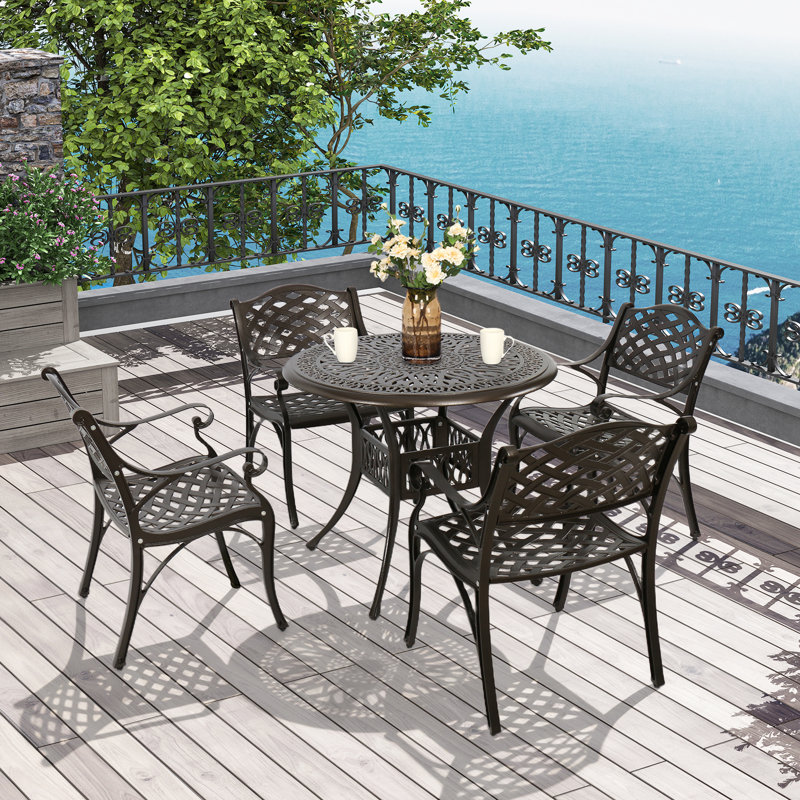 Amilyah Outdoor Patio Retro Round Cast  Aluminium Dining Table and 4 Cast Aluminium Chairs, 35.4" D x 35.4" W x 29.1" H
