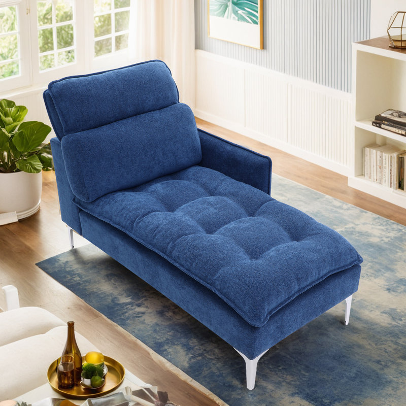 Chaise longue rembourrée Meshawn avec appui-tête réglable, Lin bleu marine