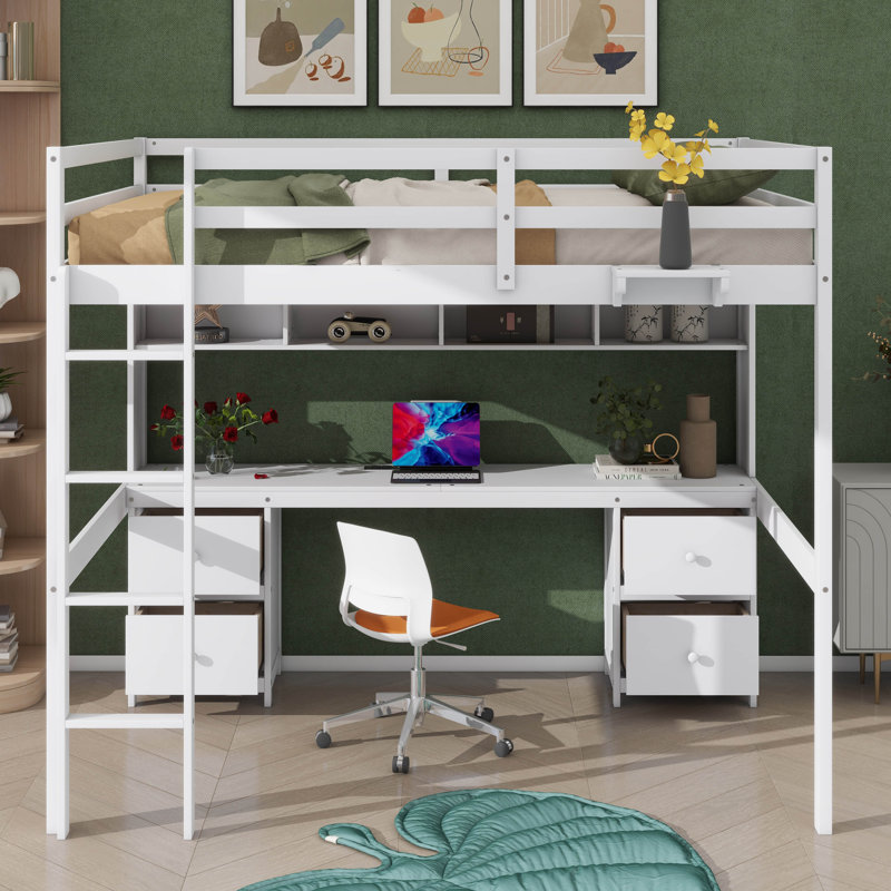 Full-Size Loft Bed Set, Comprising Desk, Cabinets, Drawers, Bedside Tray, And Power Charging Port