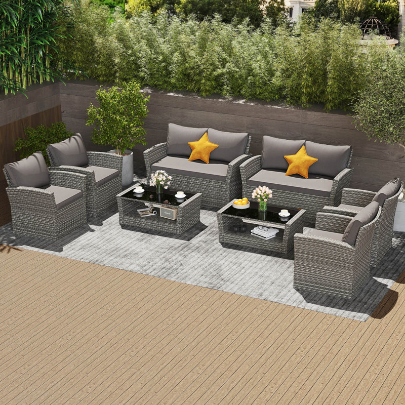 Ensemble de 8 meubles de patio avec 4 coussins de table basse en rotin