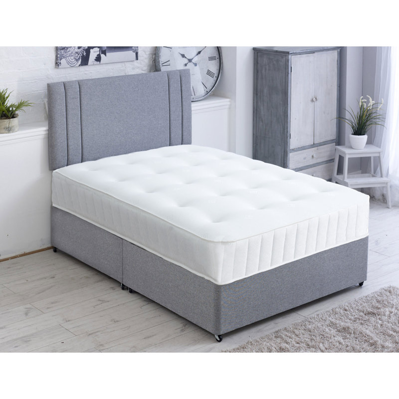 Benedito Upholstered Bed with Mattress, Super King (6'), Silver, 2 Drawers Foot End