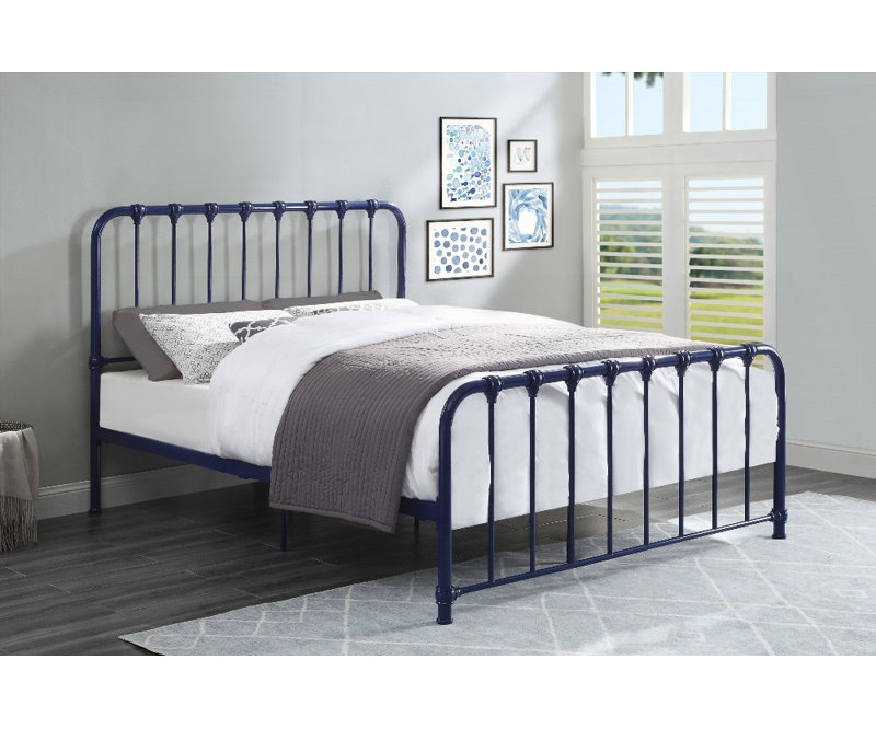 Grand lit plateforme en métal avec finition bleue - aucun sommier nécessaire, assemblage facile!, Bleu, Grand lit