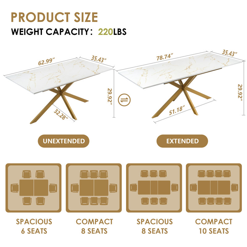 Extendable 62.99’’-78.74’’ Tanja Kitchen Table With Tanja Gold Faux Marble, Seats 4-8 People| Space-Saving | For Dining Room/ Kitchen/ Office