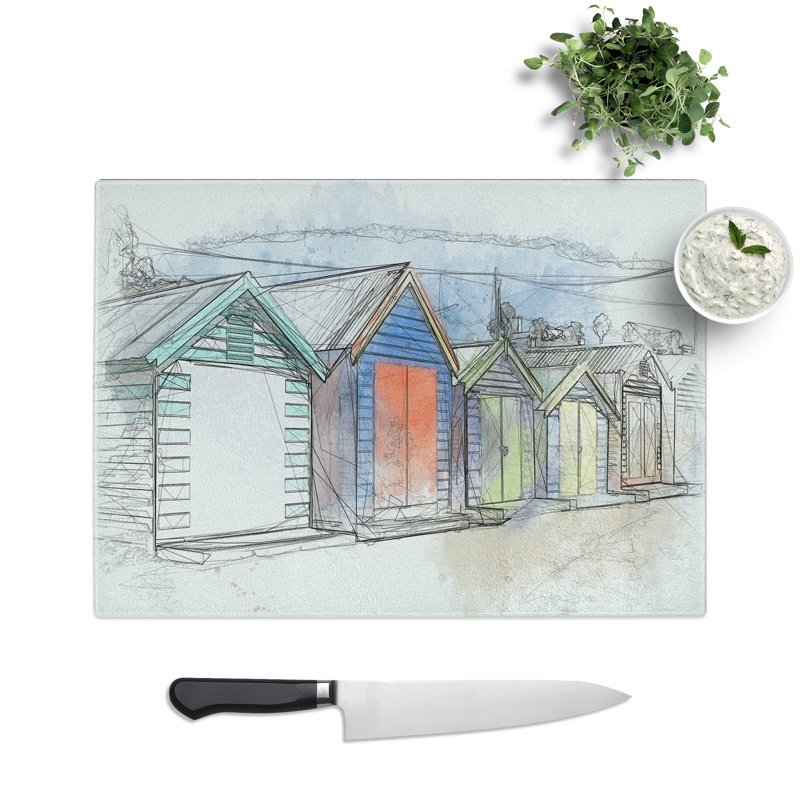 Colourful Beach Huts Sketch Chopping Board, 0.4cm H x 20cm W x 28.5cm L