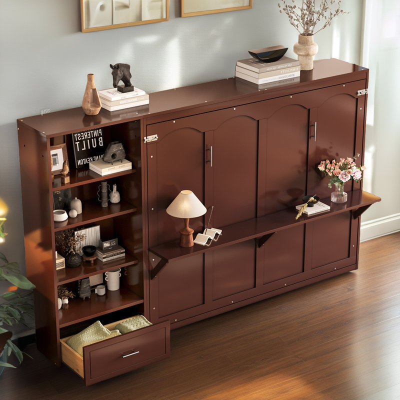 Lit escamotable convertible moderne avec rangement dissimulé pour les petits espaces, Brun