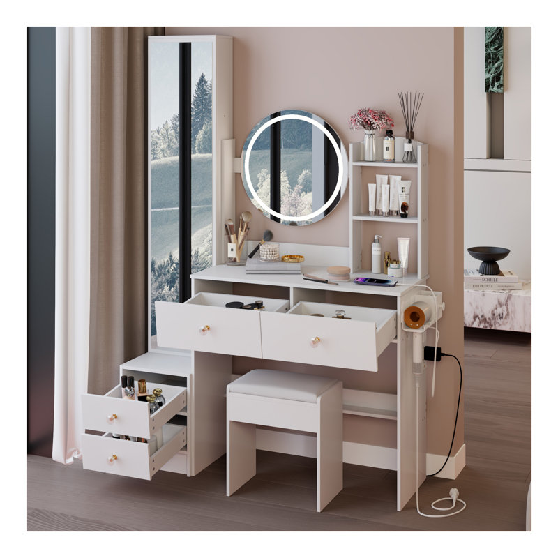 Full Body Mirror Cabinet + Round Mirror LED Vanity Table + Cushioned Stool, With 2 AC + 2 USB Power Station,17" Diameter LED Mirror, Touch Control, 3-Color, Brightness Adjustable, Large Desktop