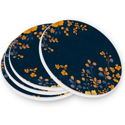 4Pcs Drink Coasters With Holder, Deep Blue Background Flowers Ceramic Drink Coaster, Absorbent Coaster Set Suitable For Kinds Of Cups, Coasters For Coffee Table