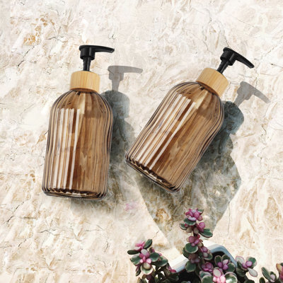 Amber Glass Soap Dispenser with Pump, 2 Pack 13.5oz Vertical Stripe Design Hand Soap Dispenser for Hand Wash, Dish Wash, Elegant Dispenser for Bathroom and Kitchen
