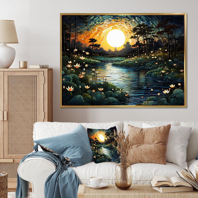 River Pointillism Charm At Night III, reproduction d'art sur toile, H 24 po x l 32 po x P 1 po, Cadre flottant doré