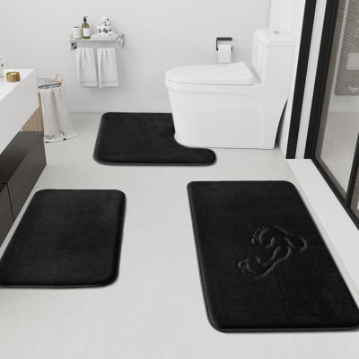 Bathroom Rugs Sets 3 Piece, Non-Slip & Quick Dry Bath Mat Set, Ultra Soft Velvet Bath Rugs For Bathroom, Toilet And Shower Floor, Black