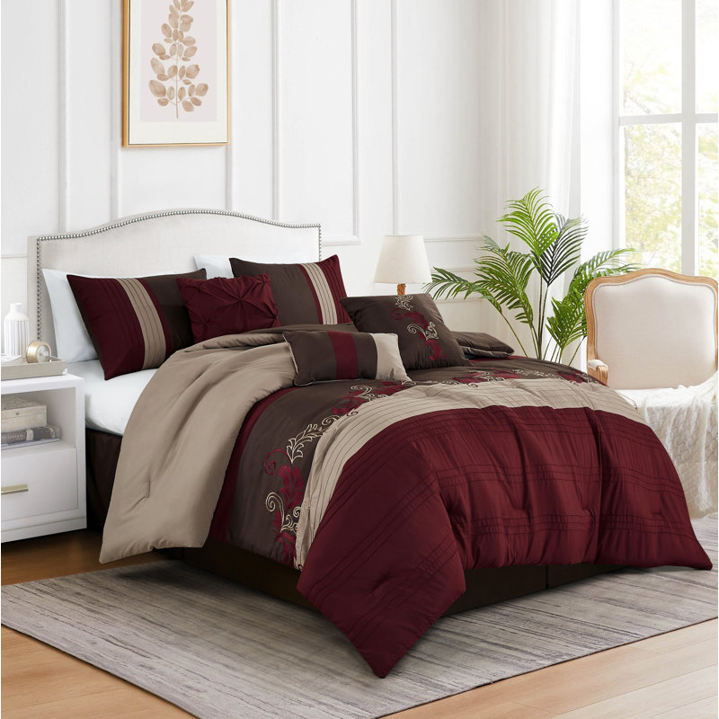 Floral Embroidered Microfiber 7 Piece Comforter Set, Oversized King Comforter + 6 Additional Pieces, Burgundy/Taupe/Brown