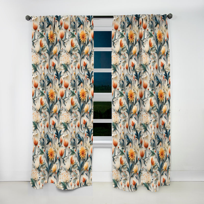 Rideau bohémien zen orange et vert avec fleurs tranquilles - 1 panneau de velours obscurcissant, L 52 po x L 84 po