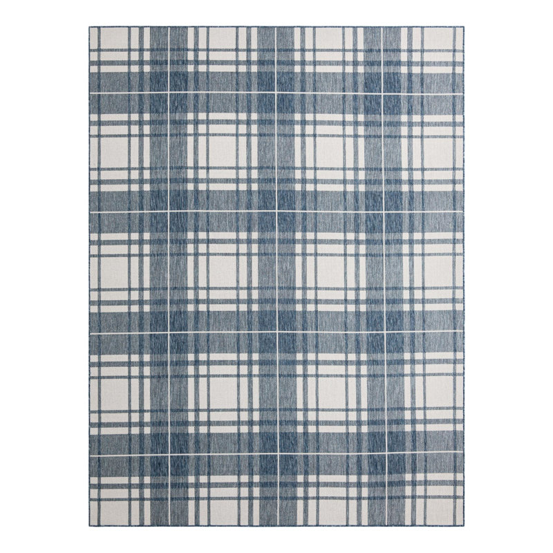 Tereon Plaid Machine Made Power Loom Polypropylene Plastic Indoor/Outdoor Area Rug in Blue/White, Rectangle 9' x 12'