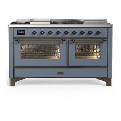 Cuisinière à carburant double de 60 pouces avec 7 brûleurs scellés, plaque chauffante et plateau français en bleu-gris de Majestic III Series (propane liquide, garniture brunie)