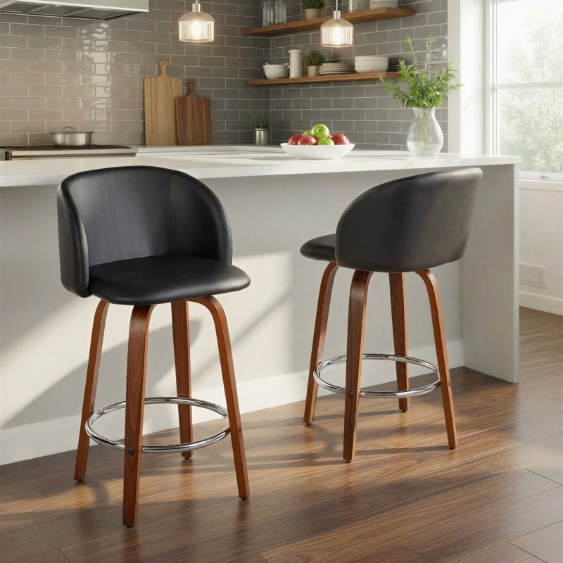 Terrance Fixed-Height Bar & Counter Stools With Bent Wood Legs & Round Footrest, Counter Stool (25” Seat Height)”