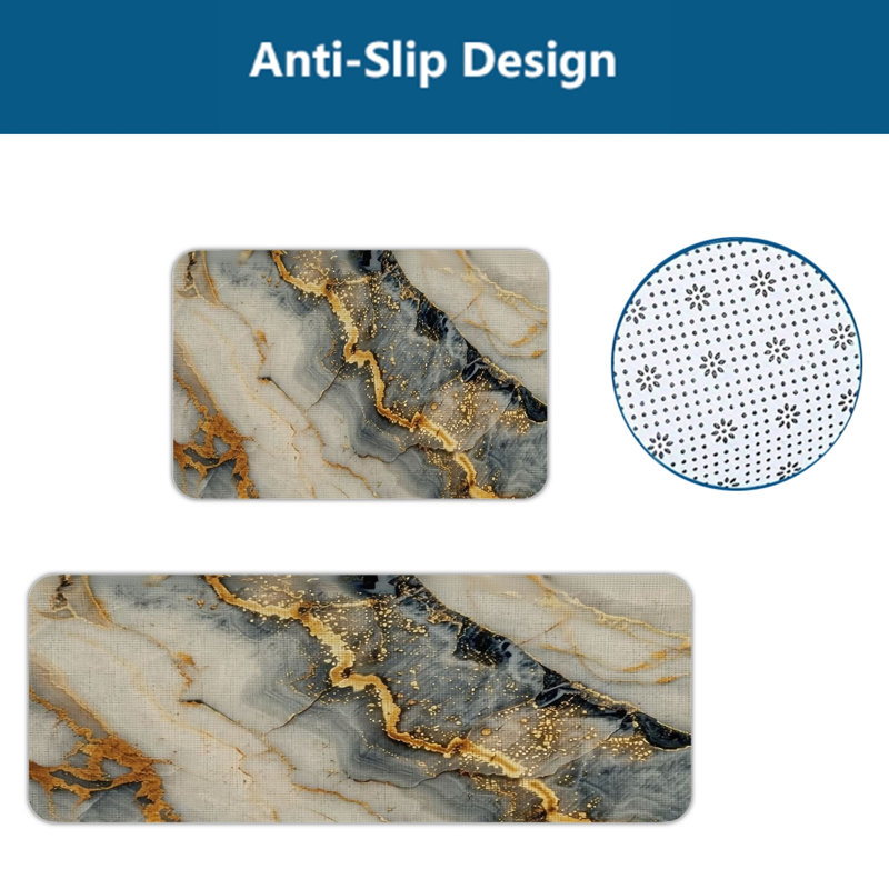 Marble Gold Vein Pattern 2 PC Kitchen Floor Rugs, Kitchen Coffee Bar, Gray