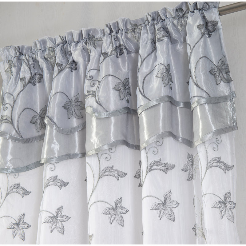 Dahal Embroidered Window Curtain Panel with Attached Valance, Silver