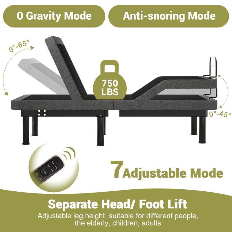 Base de lit réglable avec commande vocale, application Bluetooth, massage double, lumières sous le lit, Très grand simple