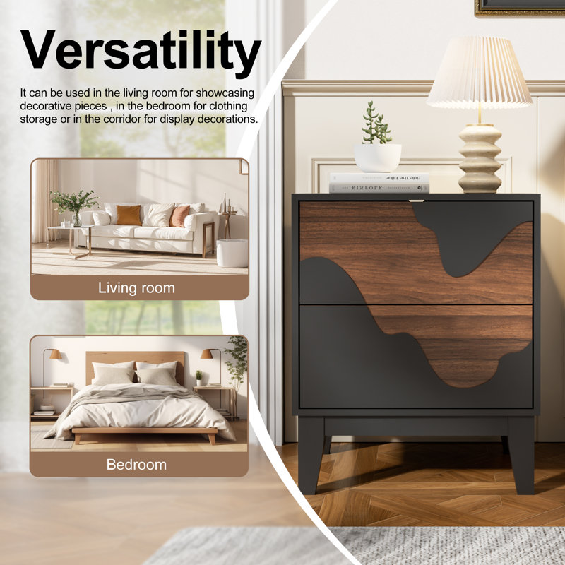 17.7“W Flowing Water Geometry Nightstand, Black