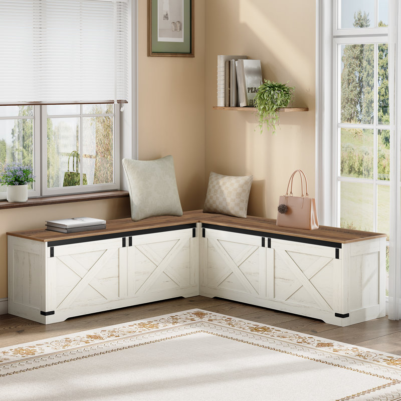 Banquette d'angle de 160 cm avec rangement, banquette en bois en forme de L, 550 litres, idéale pour l'entrée, la salle à manger ou les toilettes, blanc rustique