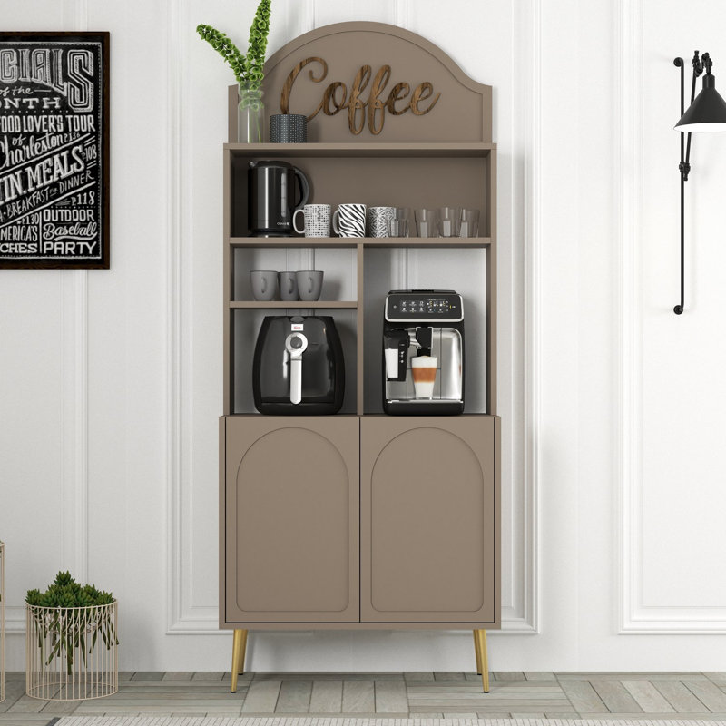 Armoire à café moderne, Atlas et or, 32,0 x 79,2 x 13,8 pouces | 100% panneau de particules enduit de mélamine, épaisseur: 0,7 pouce | Plusieurs tablettes, finition brune élégante, parfaites pour les solutions de divertissement à domicile et de rangement