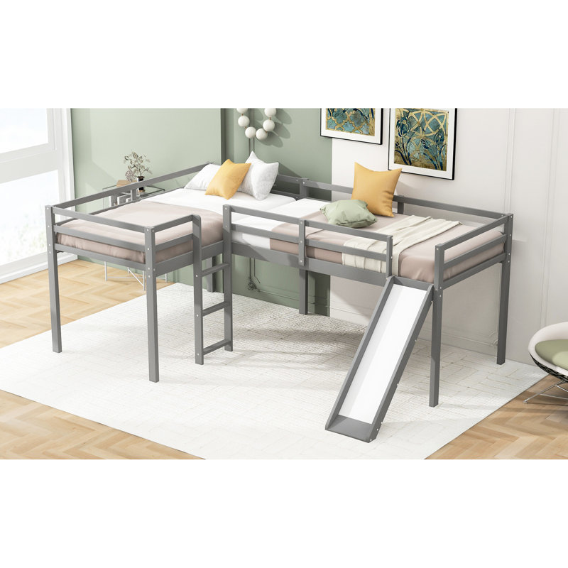 Lit mezzanine simple en L gris avec glissade, Gray