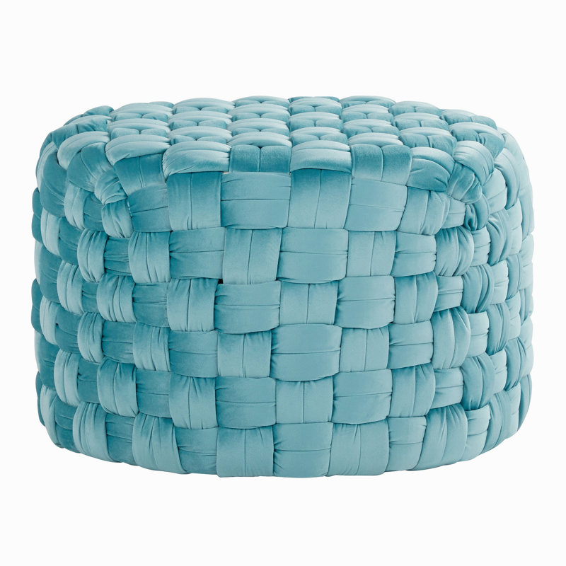 Round 24" Ottoman In Ice Blue Velvet, Blue