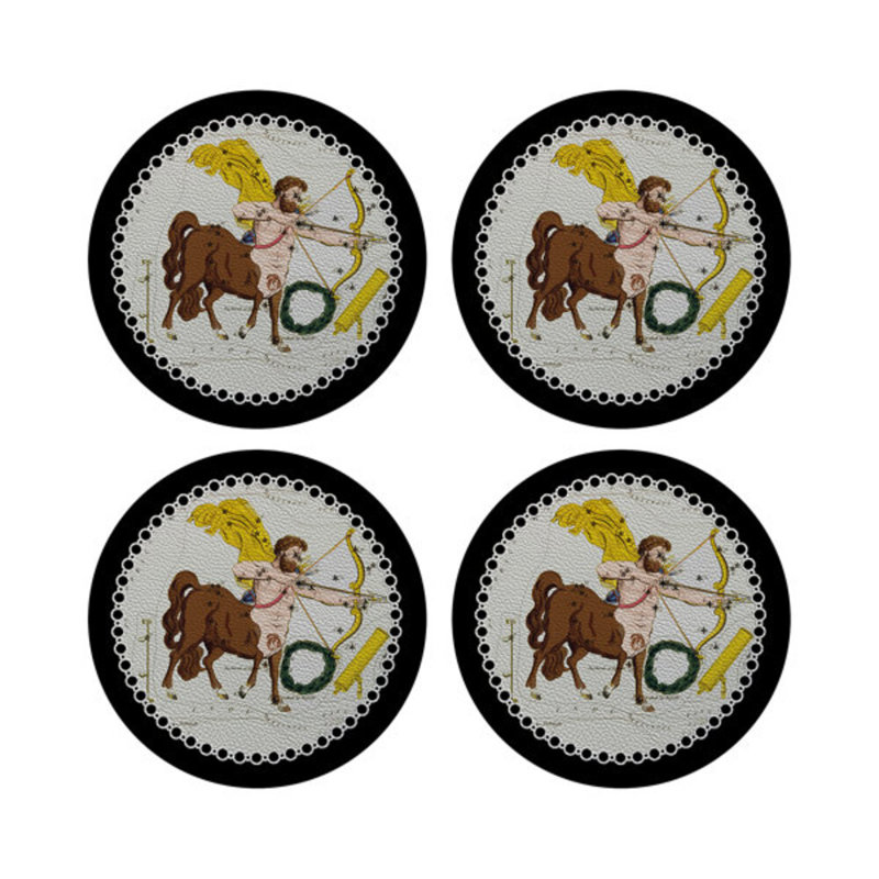 Zodiac Sagittarius Black Vegan Leather Round Coasters, Black