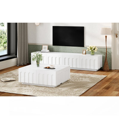 ON-TREND Elegant TV Stand & Coffee Table Set Of 2, Multi-Functional Media Console With Arched Design For Tvs Up To 80", Modern Dual Purpose Center Table With Drawers For Living Room, Bedroom, White