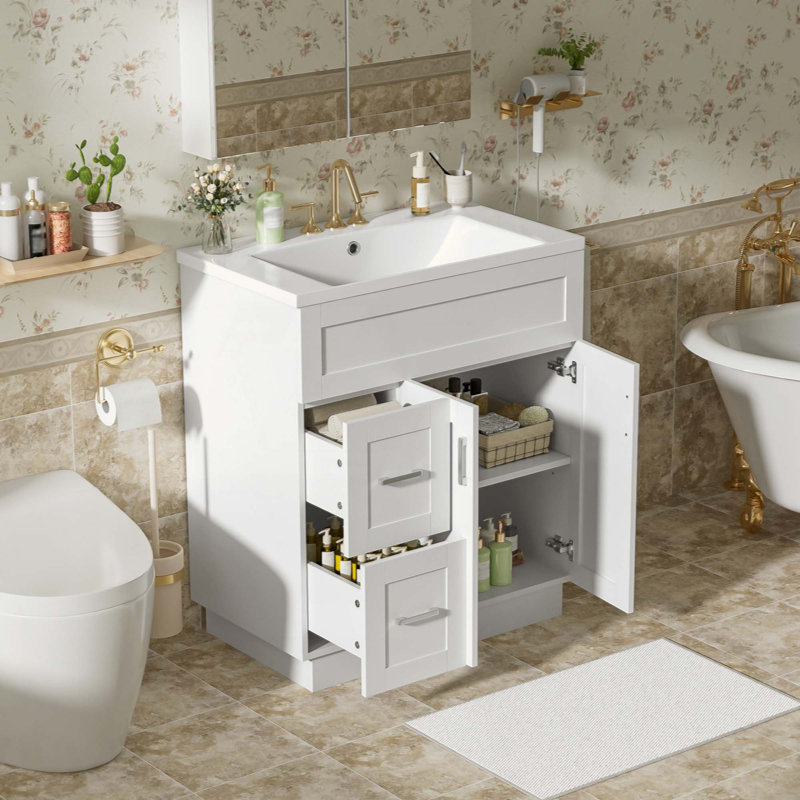 Meuble-lavabo de salle de bain avec 2 portes, 2 tiroirs, tablette réglable, glissières cachées pour les tiroirs et charnières pour portes (robinet non inclus)