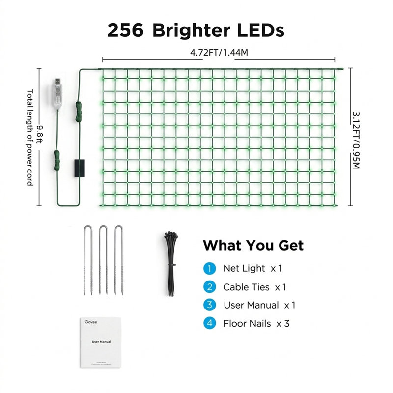 Smart Net Lights,RGB and DIY Functions,256 LEDs Outdoor Net Lights with 64 Modes for Bush Patio Decor,Waterproof,Green Wire