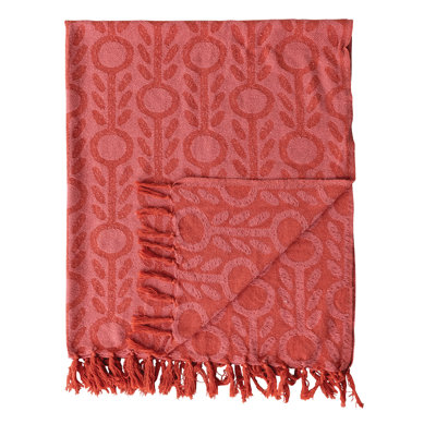 Woven Cotton Blend Jacquard Throw With Floral Pattern And Fringe