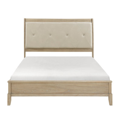 Lit double de style classique, tête de lit tapissier beige et cadre inclus, similicuir