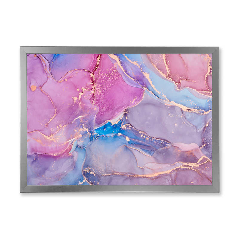 Rose et bleu liquide Art I - reproduction d'art moderne sur toile, H 24 po x l 32 po, Cadre photo argenté