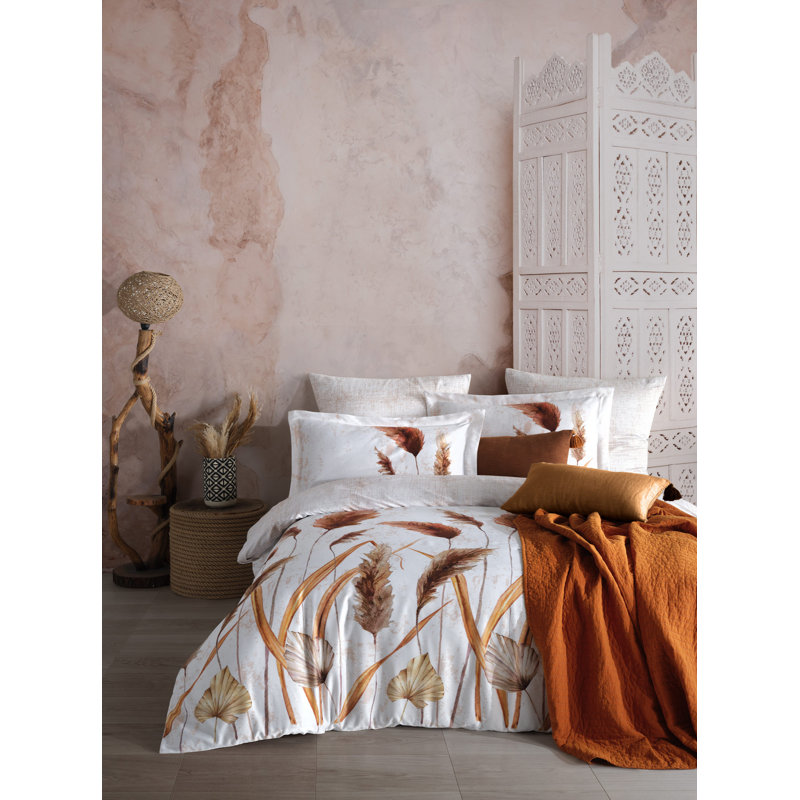 Satin King Quilt Cover Set (3 Pieces), 100% Cotton, 94.5 x 86.6 inches | 210 Thread Count, Machine Washable, Elegant White, Orange & Brown Colors | Envelope & Button Closure for Easy Use, Luxurious Bedding Upgrade