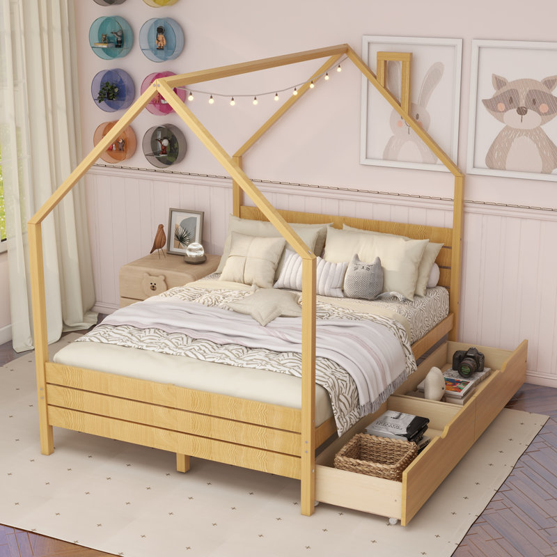 Cadre de lit double pour enfants, lit Montessori avec 2 tiroirs de rangement, lit double en bois avec tête de lit, aucun sommier requis, assemblage facile, naturel