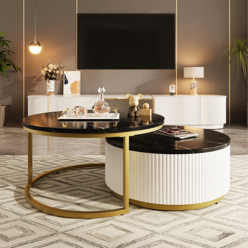 Modern Round Nesting Coffee Table Fluted With Drawer In Black & Gold In 27.6"