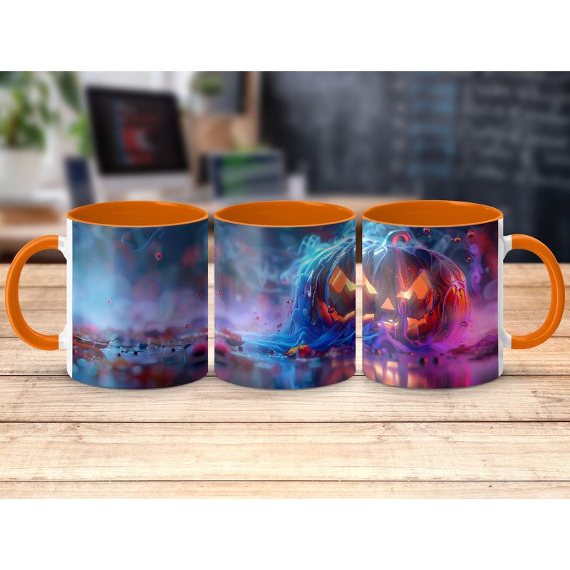 3D Design 11oz Accent Mugs – Ceramic Coffee Cup with an Orange Handle and Interior