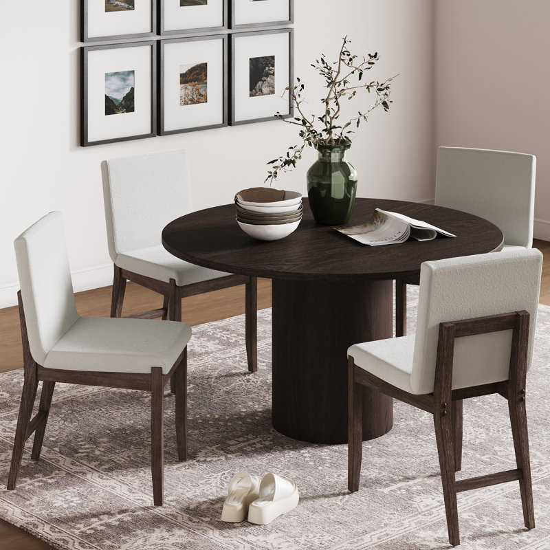 Upholstered Dining Chair with Full Back and Solid Wood Frame, Cream Boucle/Dark Brown , 1