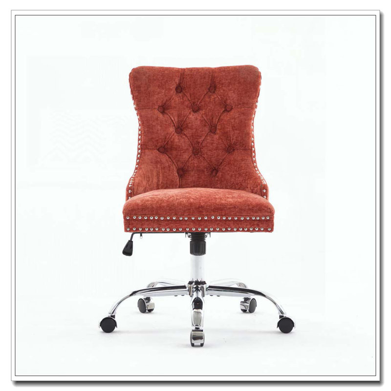 Fauteuil de bureau chenille capitonné à boutons avec base en métal chromé, chaise de bureau pivotante réglable, Orange