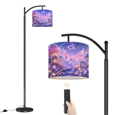 Lampadaire arqué « Village de champignons féerique » avec guirlande lumineuse féerique violette et bleue, 159 cm de haut, lampe sur pied moderne, abat-jour tambour en lin DEL, 3 températures de couleur, télécommande et interrupteur au pied, idéal pour le salon, la chambre ou un coin lecture.