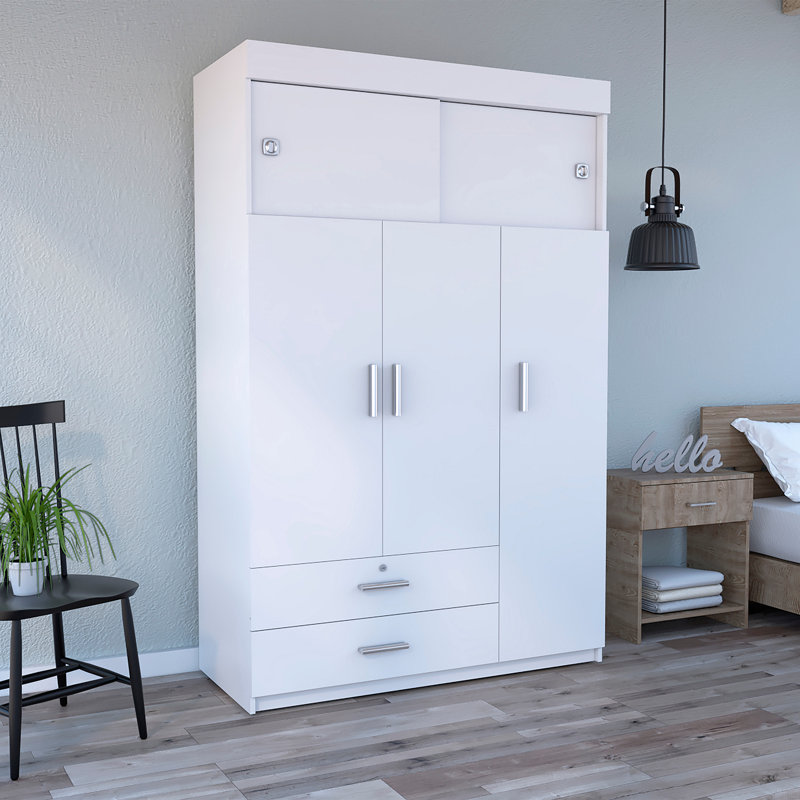 Armoire, tringle, armoire à trois portes, deux tiroirs, deux tablettes supérieures réglables, quincaillerie en métal