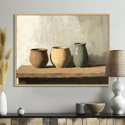 Trois vases immobiles II - Nature morte en céramique neutre, impression sur toile encadrée