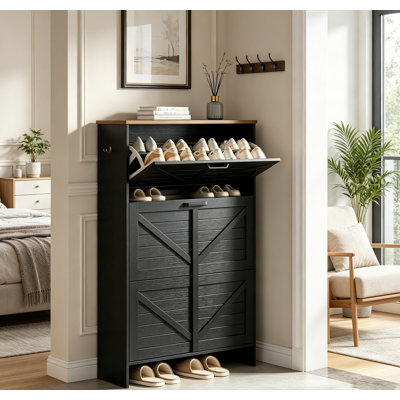 Armoire à chaussures 3 tiroirs à porte de grange mince, étagère à chaussures étroite pour l'entrée avec tablettes personnalisables à 3 niveaux, rangement pour chaussures compact