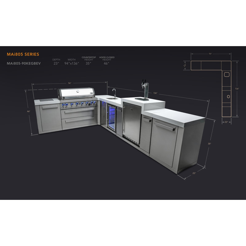Mont Alpi 6-Burner 90 Degree Corner Stainless Steel Island BBQ Grill + 3 Tap Kegerator Refrigerator