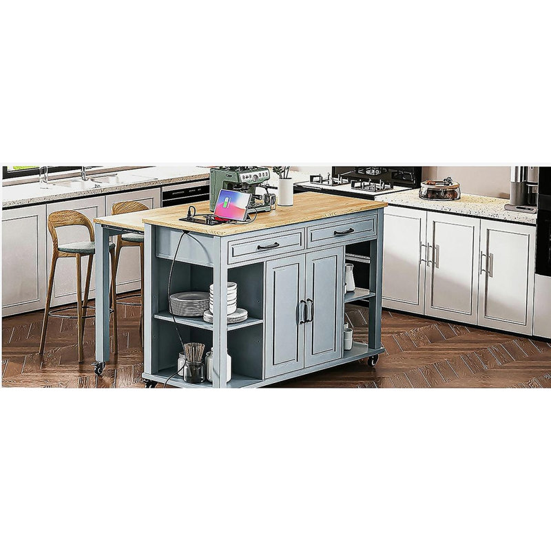 47-inch Extendable Dining Table Kitchen Island, Rubberwood Veneer Kitchen Dining Table, with built-in storage shelves, power outlets, kitchen island with 2 drawers and 2 cabinets, in gray and blue