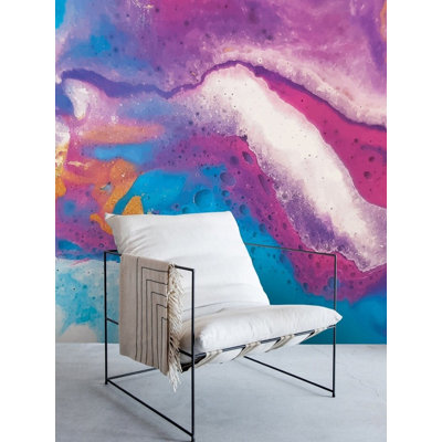 Vibrant Fluid Art Purple Teal Blue Pink Gold Abstract Acrylic Pour Marble Mural