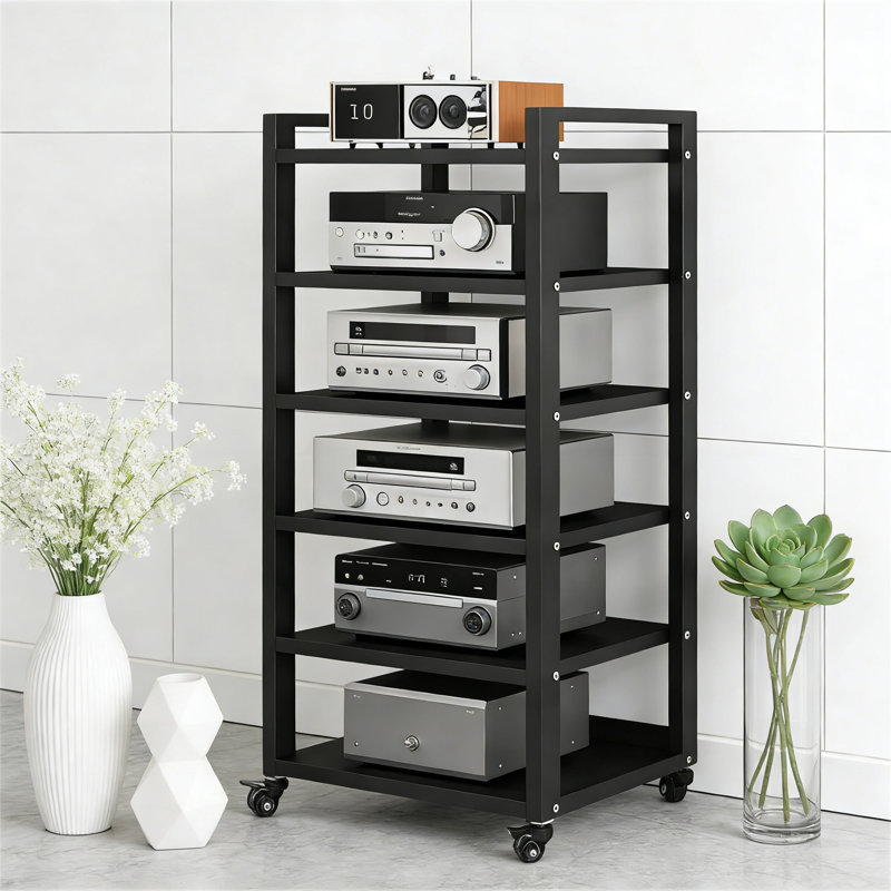 Black 6-Tier Audio Rack Tower With Adjustable Wooden Shelves, Weight Capacity 661 Lbs, For AV Equipment